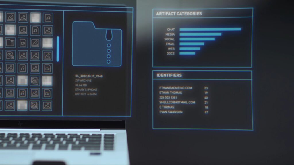 Device hero shot of a laptop with artifact category and identifier panels