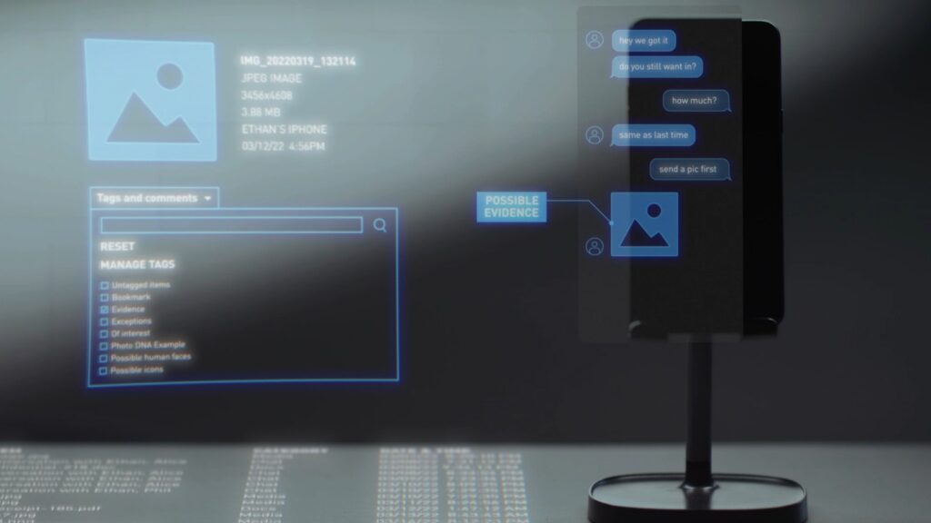Device hero shot of a phone with chat evidence UI panels floating around it