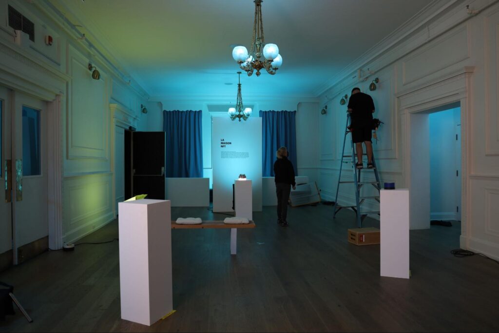 Gallery set dressed with digital art displays