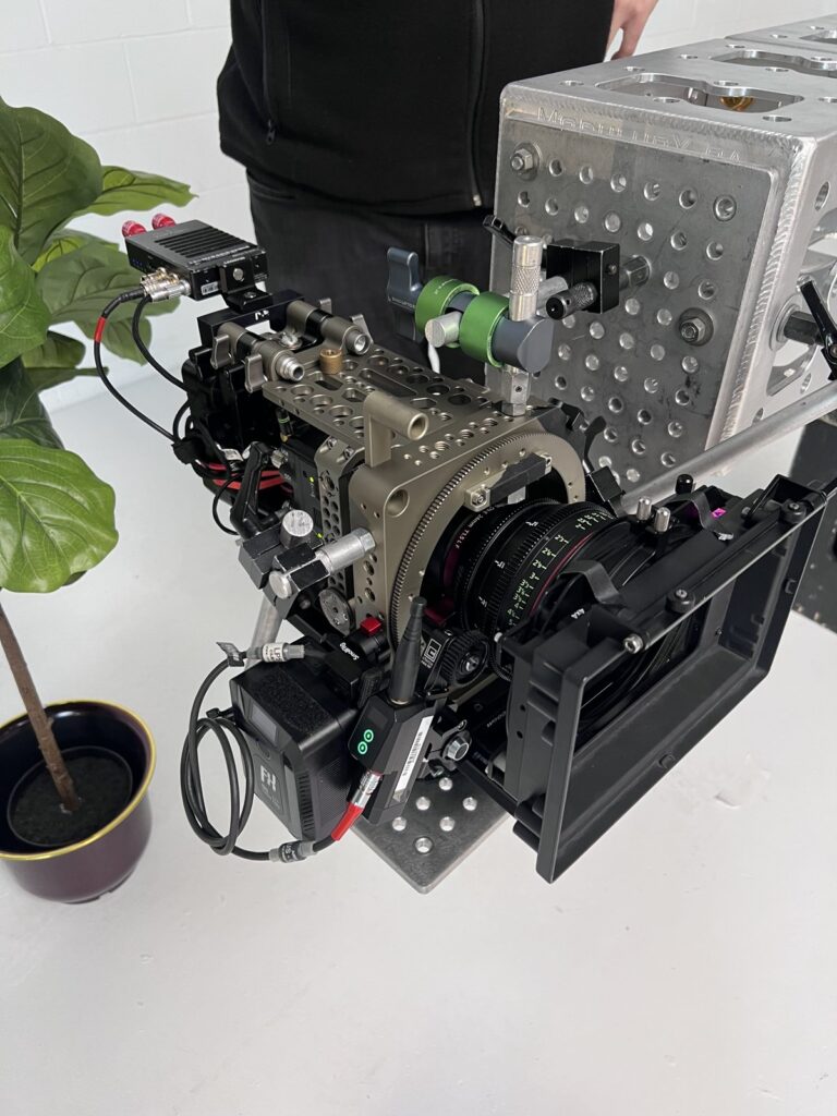 Close-up of the motorized swivel head holding the camera on the rig