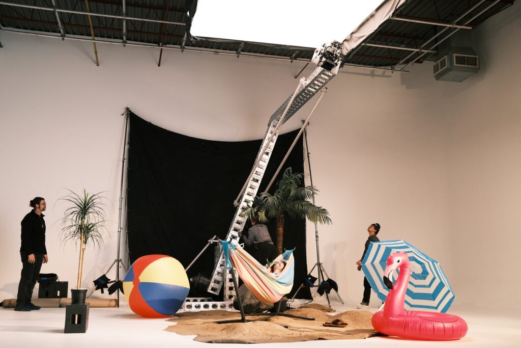 The rainbow rig arcing over the beach set for the Vivere commercial at Summit Studio