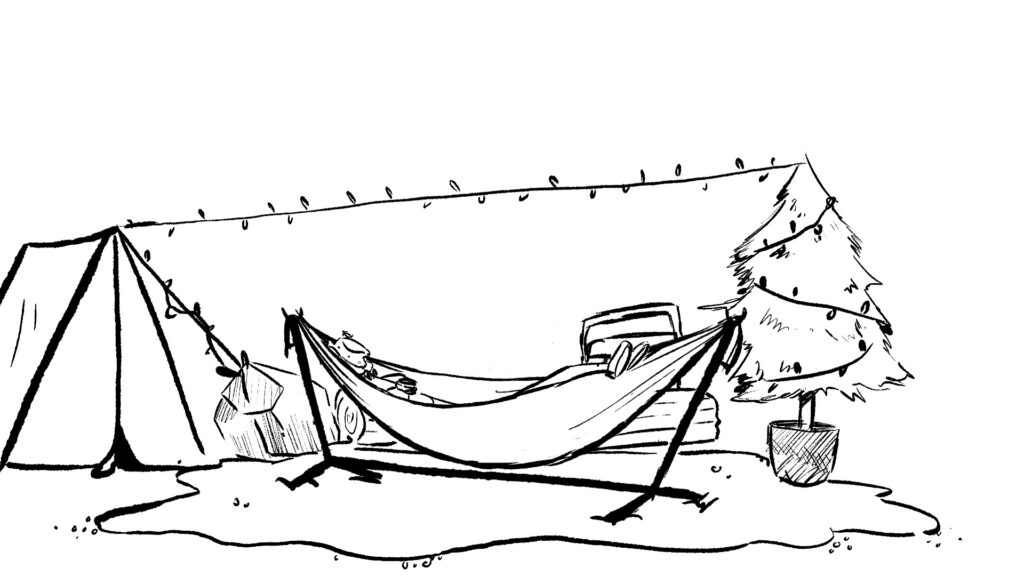 Storyboard of the night campsite scene with tent and hammock