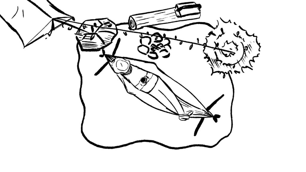 Overhead storyboard frame at the top of the arc, looking straight down at the campsite hammock