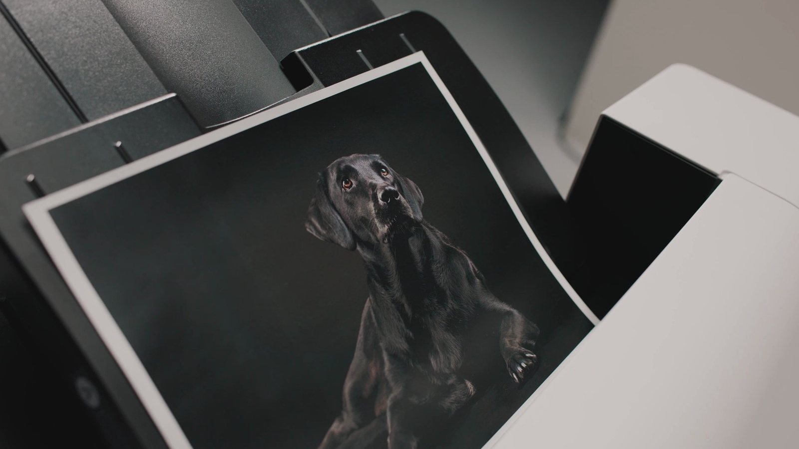 A photographic print of a dog emerging from the printer output tray