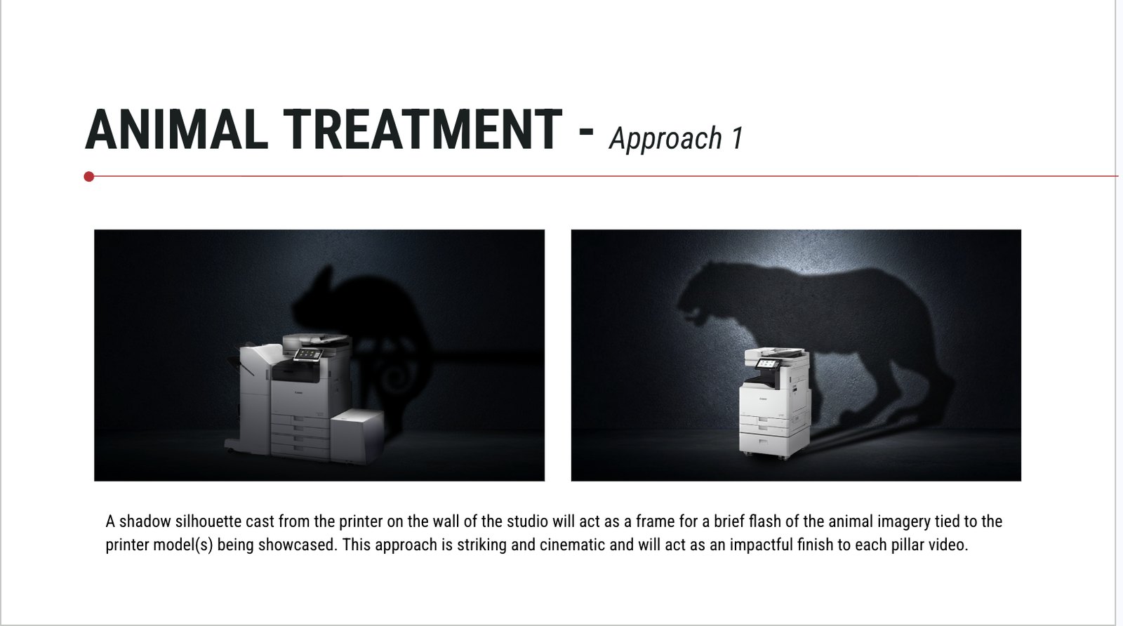 A page from the Arc Media treatment showing the animal shadow approach with two printer mock-ups